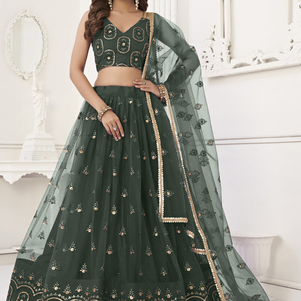 Vegaa Fashion Green Butterfly Net Embroidery Thread Designer Lehenga - Distacart