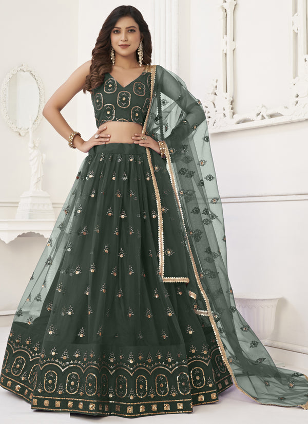 Vegaa Fashion Green Butterfly Net Embroidery Thread Designer Lehenga