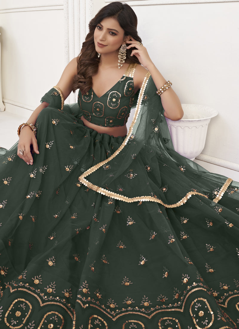 Vegaa Fashion Green Butterfly Net Embroidery Thread Designer Lehenga