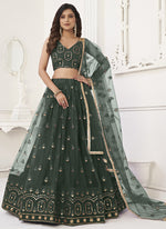Thumbnail for Vegaa Fashion Green Butterfly Net Embroidery Thread Designer Lehenga