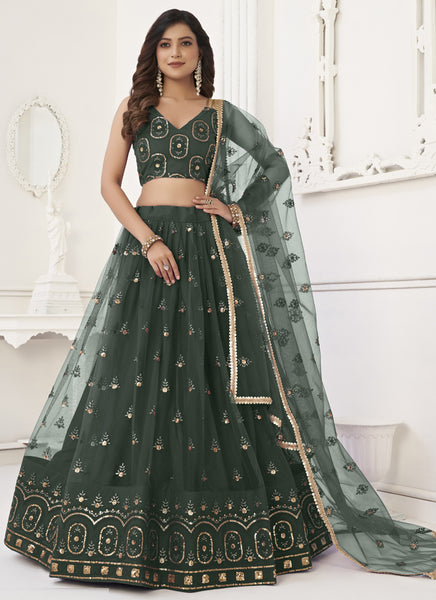 Vegaa Fashion Green Butterfly Net Embroidery Thread Designer Lehenga