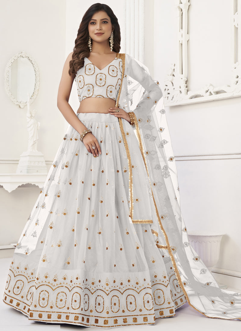 Vegaa Fashion White Butterfly Net Embroidery Thread Designer Lehenga - Distacart