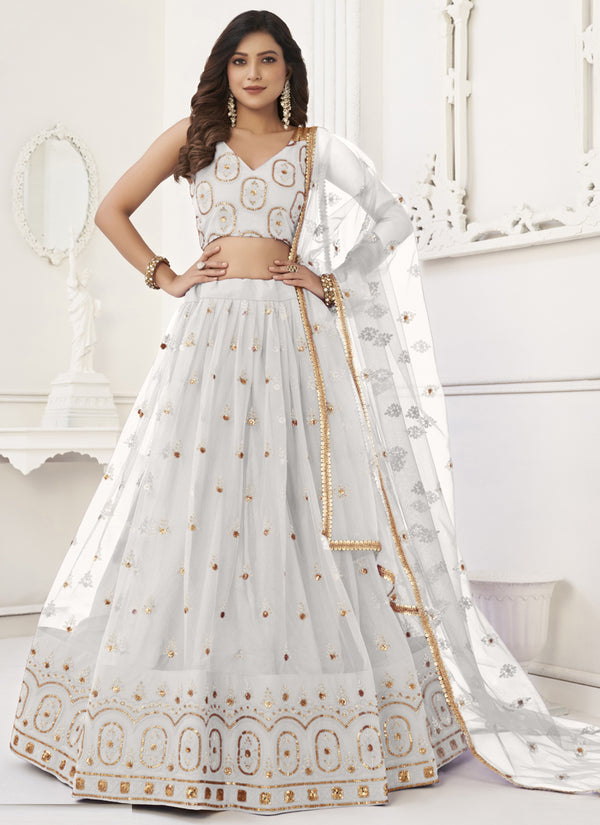 Vegaa Fashion White Butterfly Net Embroidery Thread Designer Lehenga