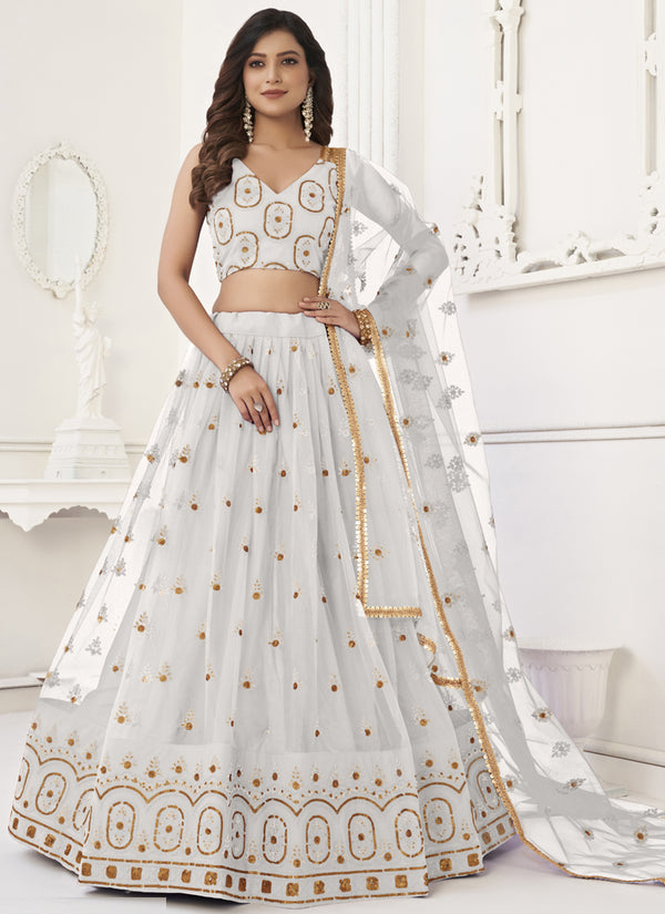 Vegaa Fashion White Butterfly Net Embroidery Thread Designer Lehenga