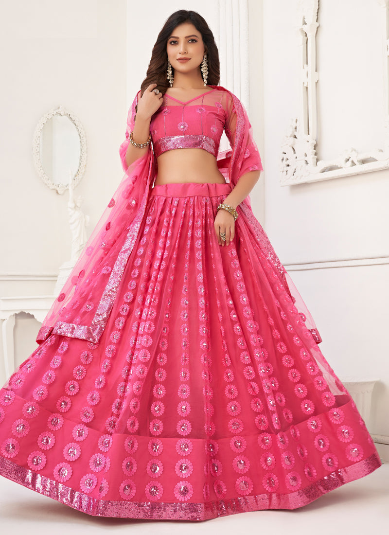 Vegaa Fashion Pink Butterfly Net Embroidery Thread Designer Lehenga - Distacart