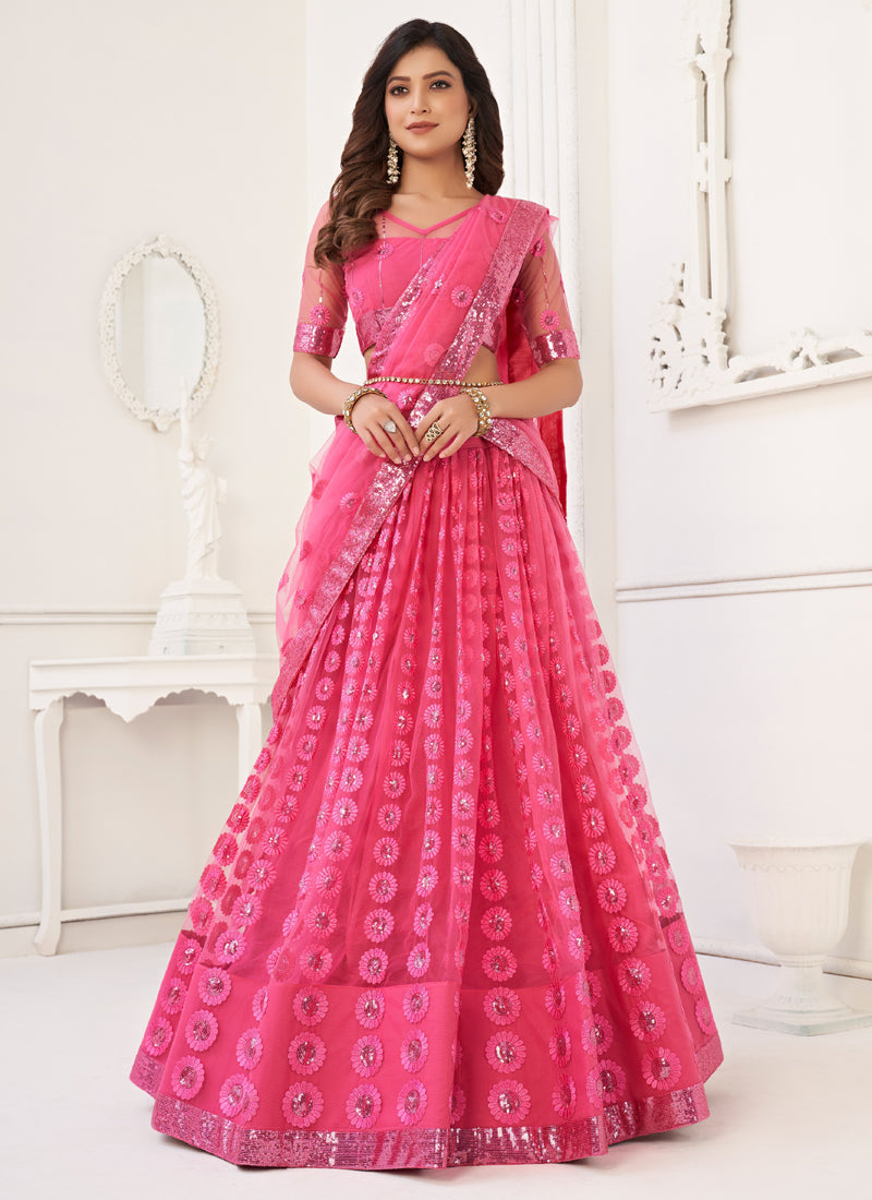 Vegaa Fashion Pink Butterfly Net Embroidery Thread Designer Lehenga - Distacart