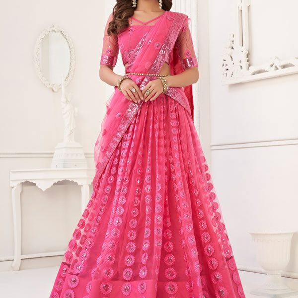 Vegaa Fashion Pink Butterfly Net Embroidery Thread Designer Lehenga - Distacart