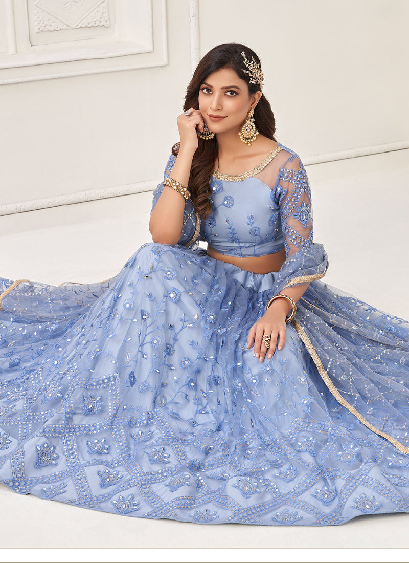 Vegaa Fashion Sky Blue Butterfly Net Embroidery Thread Designer Lehenga - Distacart