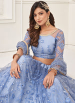 Thumbnail for Vegaa Fashion Sky Blue Butterfly Net Embroidery Thread Designer Lehenga