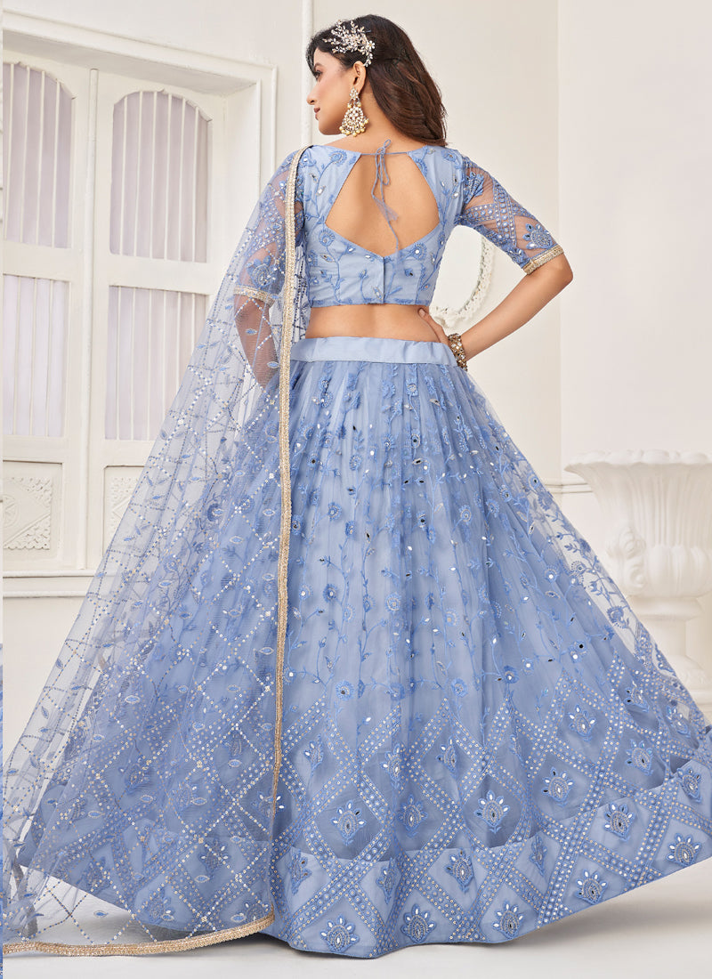 Vegaa Fashion Sky Blue Butterfly Net Embroidery Thread Designer Lehenga