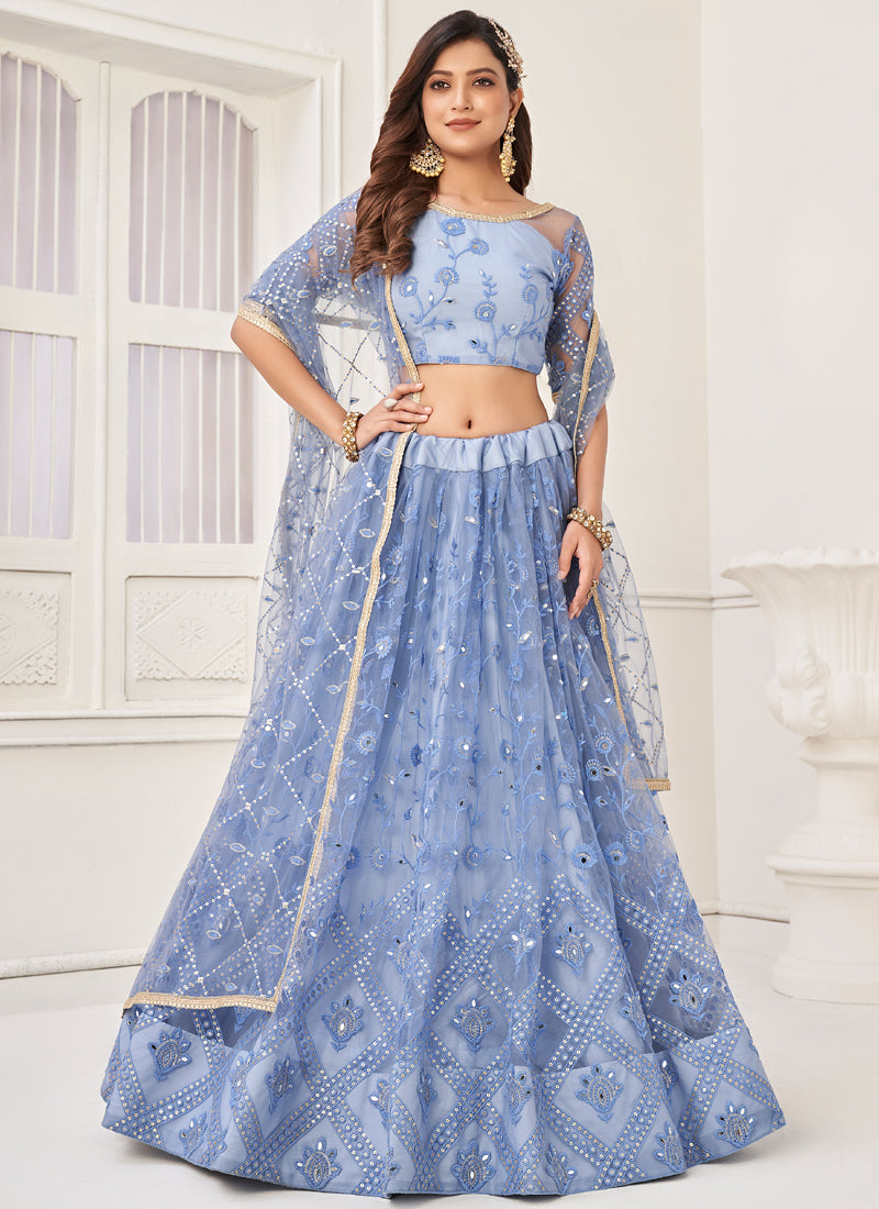 Vegaa Fashion Sky Blue Butterfly Net Embroidery Thread Designer Lehenga - Distacart