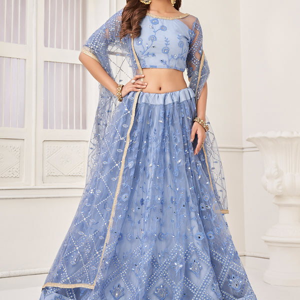Vegaa Fashion Sky Blue Butterfly Net Embroidery Thread Designer Lehenga - Distacart