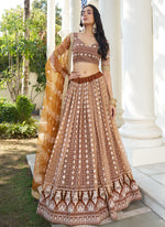 Thumbnail for Vegaa Fashion Brown Butterfly Net Embroidery Thread Designer Lehenga