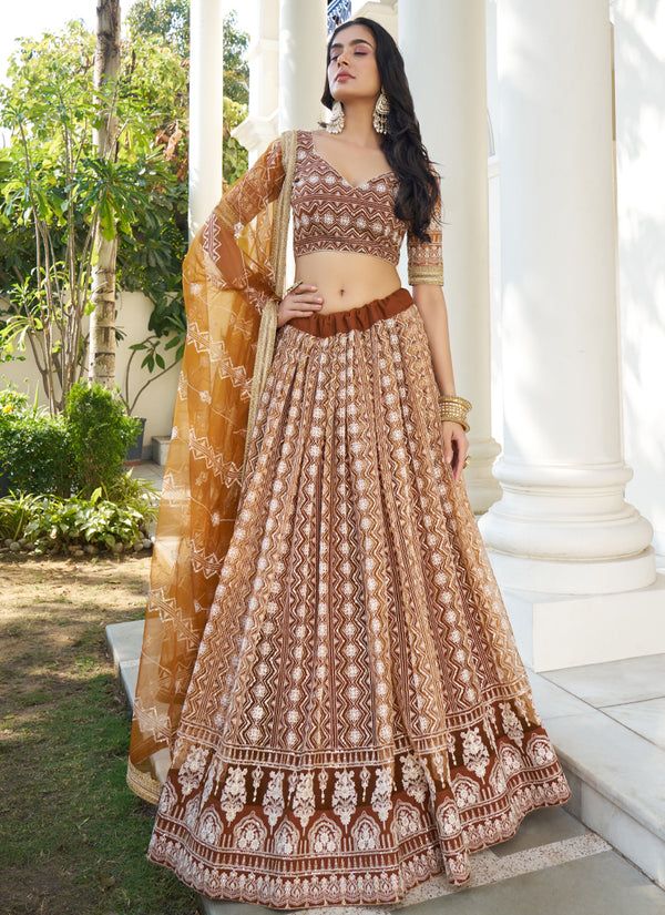Vegaa Fashion Brown Butterfly Net Embroidery Thread Designer Lehenga