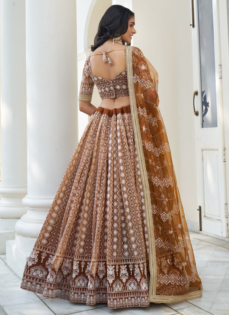 Vegaa Fashion Brown Butterfly Net Embroidery Thread Designer Lehenga