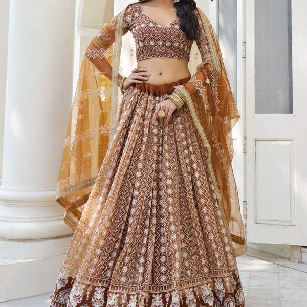 Vegaa Fashion Brown Butterfly Net Embroidery Thread Designer Lehenga - Distacart