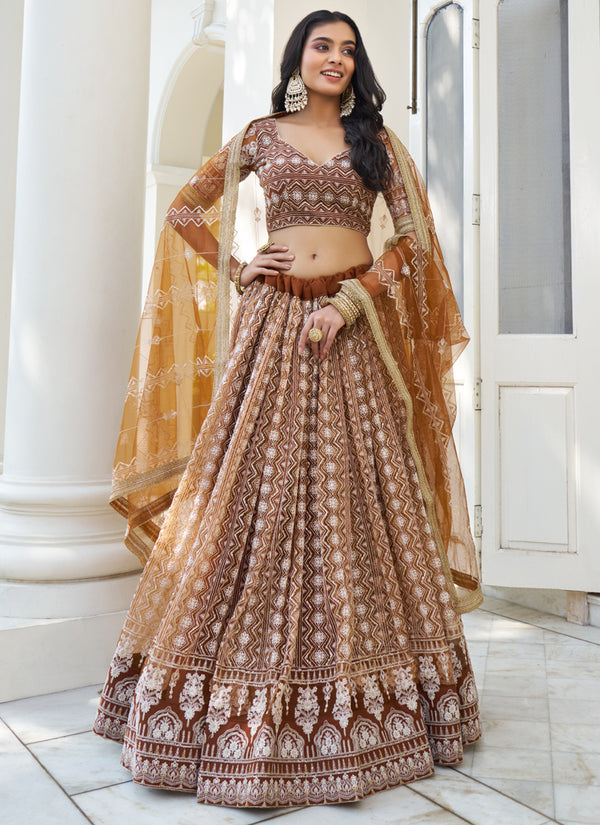Vegaa Fashion Brown Butterfly Net Embroidery Thread Designer Lehenga