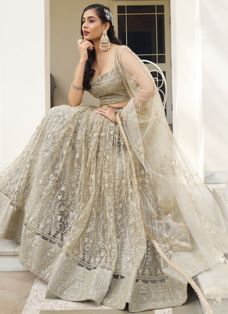 Vegaa Fashion Ivory Butterfly Net Embroidery Thread Designer Lehenga - Distacart