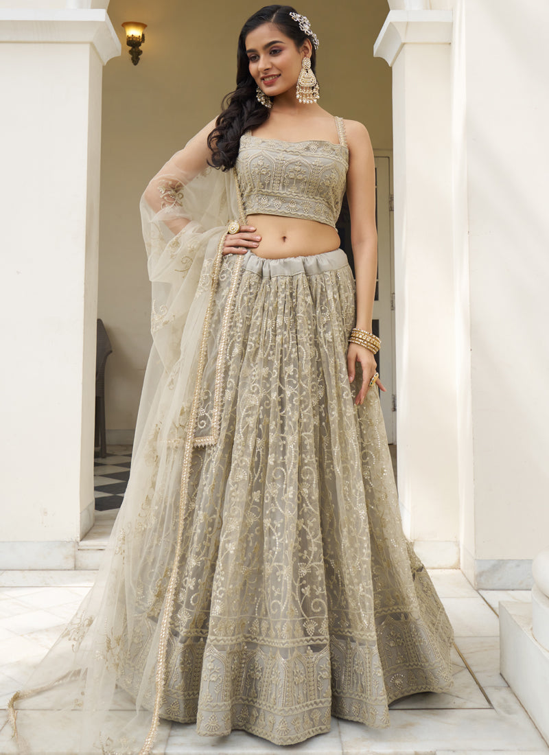 Vegaa Fashion Ivory Butterfly Net Embroidery Thread Designer Lehenga - Distacart