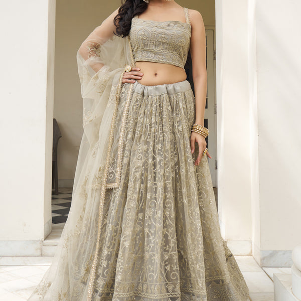 Vegaa Fashion Ivory Butterfly Net Embroidery Thread Designer Lehenga - Distacart