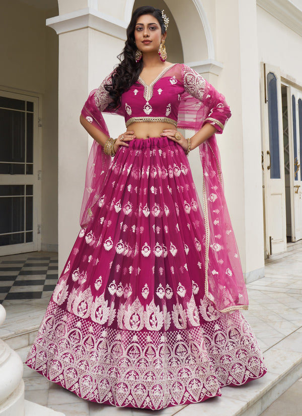 Vegaa Fashion Pink Butterfly Net Embroidery Thread Designer Lehenga