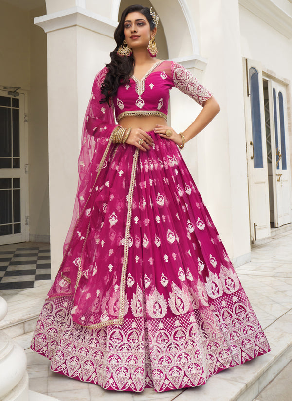 Vegaa Fashion Pink Butterfly Net Embroidery Thread Designer Lehenga