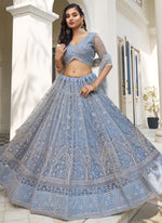 Thumbnail for Vegaa Fashion Sky Blue Butterfly Net Embroidery Thread Designer Lehenga