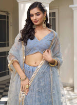 Thumbnail for Vegaa Fashion Sky Blue Butterfly Net Embroidery Thread Designer Lehenga