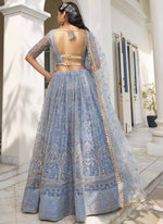 Thumbnail for Vegaa Fashion Sky Blue Butterfly Net Embroidery Thread Designer Lehenga