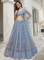 Thumbnail for Vegaa Fashion Sky Blue Butterfly Net Embroidery Thread Designer Lehenga