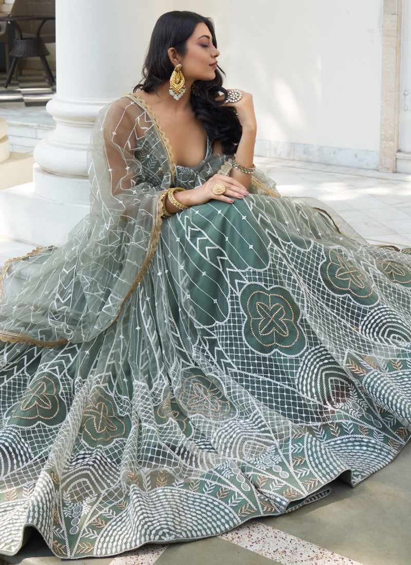 Vegaa Fashion Dusty Green Butterfly Net Embroidery Thread Designer Lehenga - Distacart