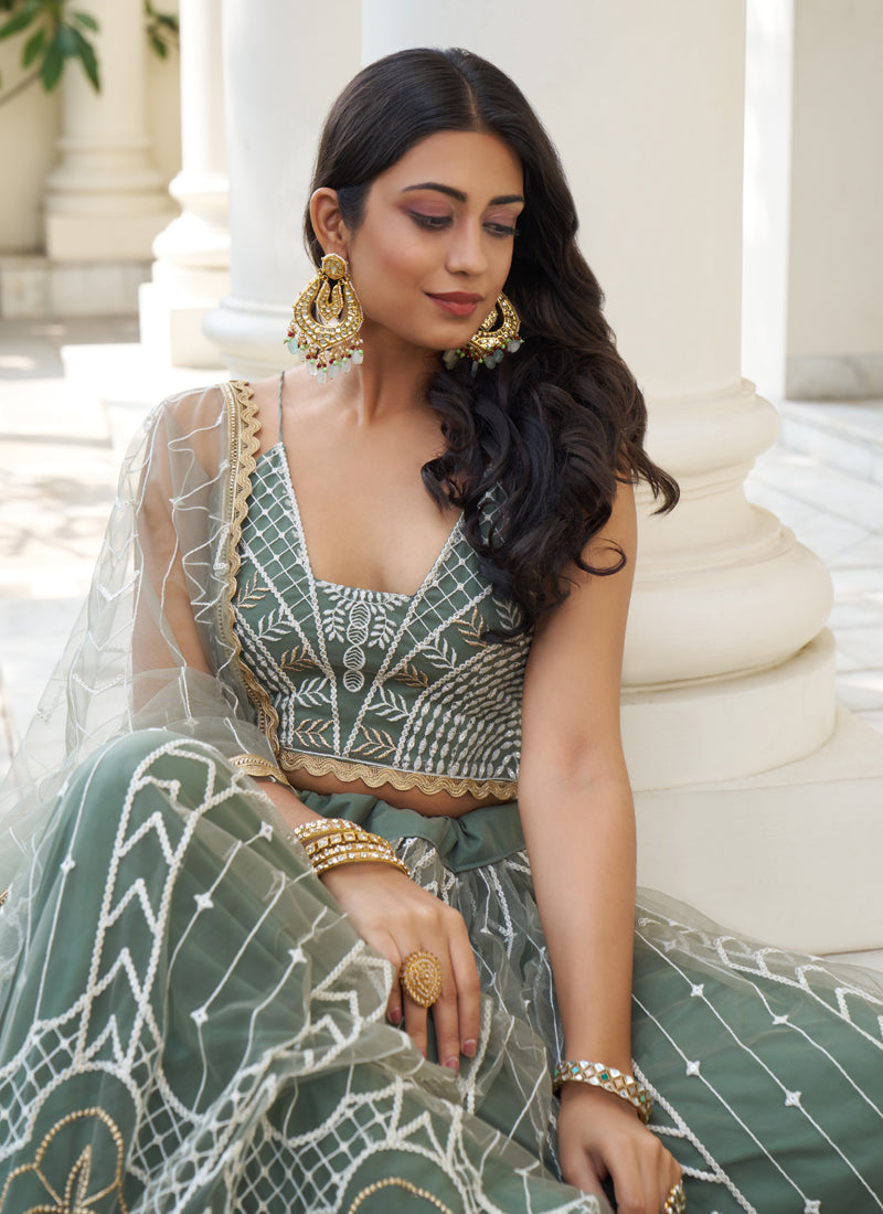 Vegaa Fashion Dusty Green Butterfly Net Embroidery Thread Designer Lehenga