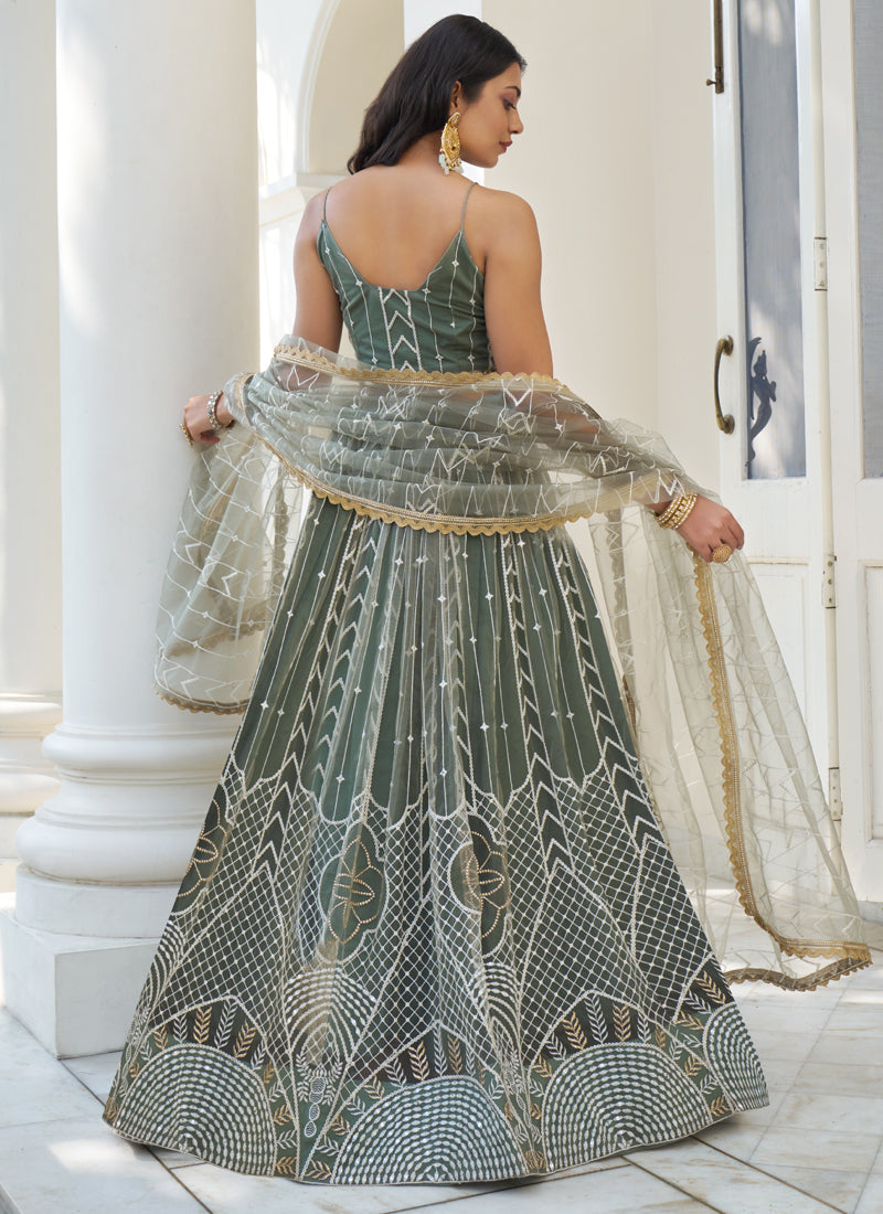 Vegaa Fashion Dusty Green Butterfly Net Embroidery Thread Designer Lehenga