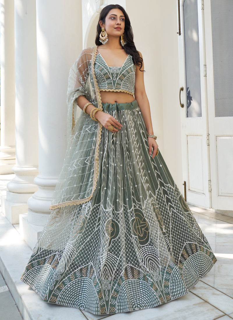 Vegaa Fashion Dusty Green Butterfly Net Embroidery Thread Designer Lehenga - Distacart