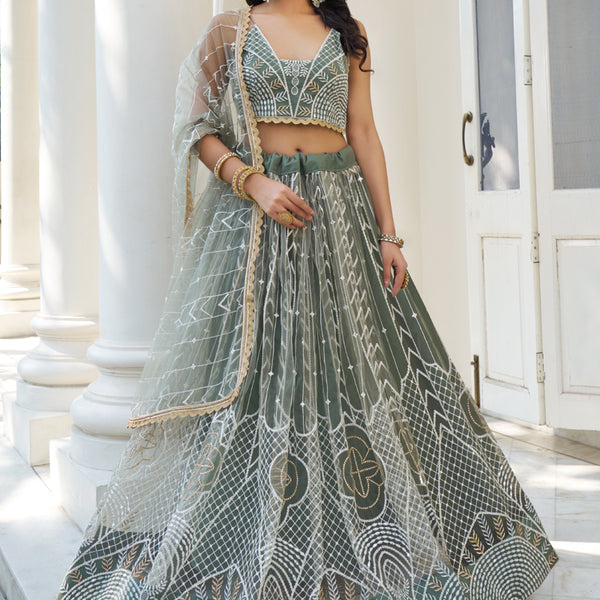Vegaa Fashion Dusty Green Butterfly Net Embroidery Thread Designer Lehenga - Distacart