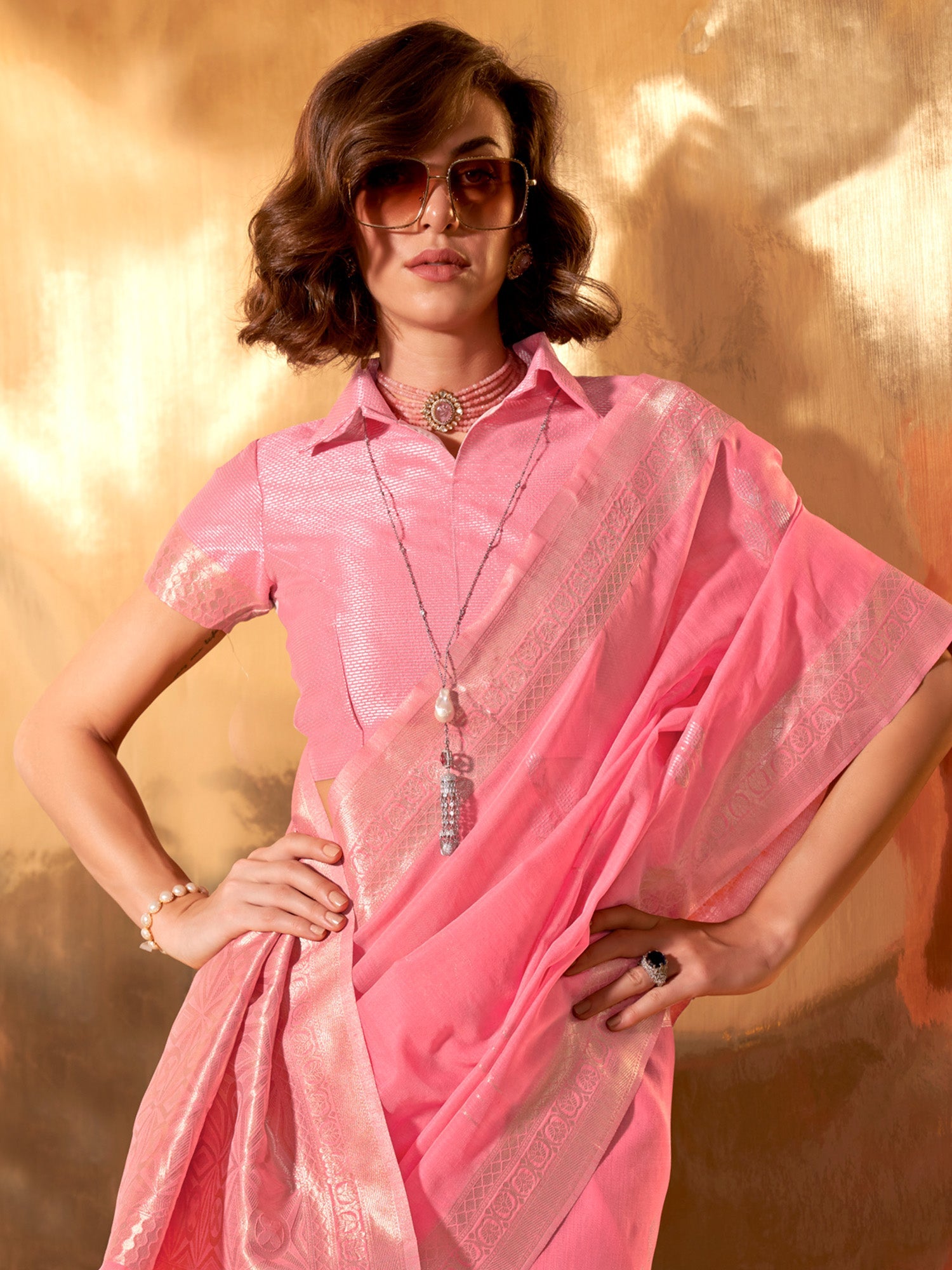 NOZ2TOZ Women's Linen Pink Woven Design Designer Saree With Blouse Piece - Distacart