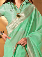 Thumbnail for NOZ2TOZ Women's Linen Sea Green Woven Design Designer Saree With Blouse Piece - Distacart