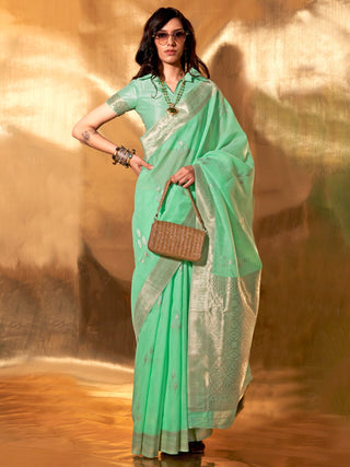 NOZ2TOZ Women's Linen Sea Green Woven Design Designer Saree With Blouse Piece - Distacart