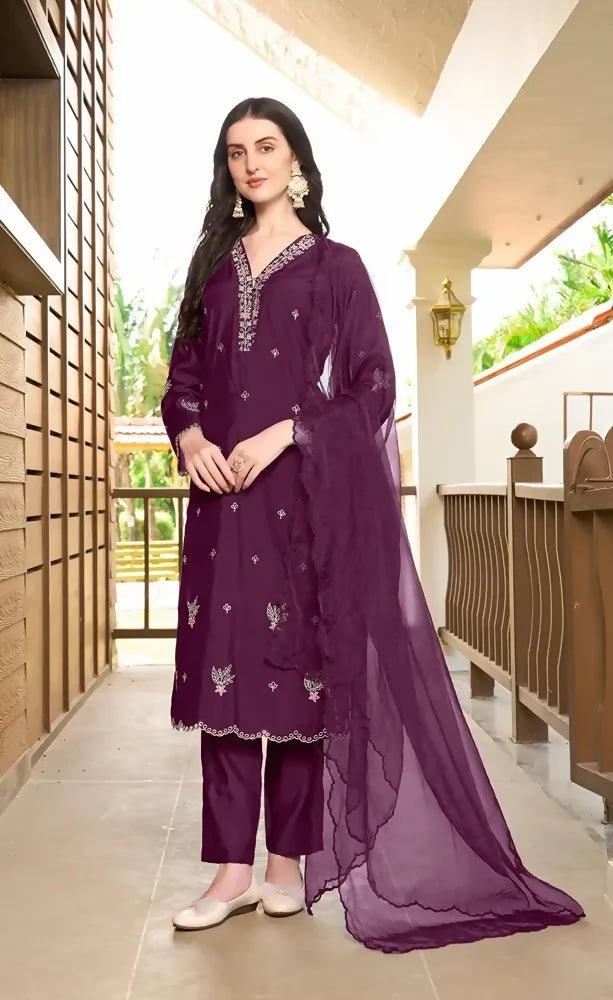 Nikhaar Violet Embroidered Art Silk Straight Cut Readymade Pakistani Suit