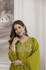 Thumbnail for The52 Light Green Women's Beautiful Vichitra Silk Fabric Embroidered Work Flared Anarkali Pant and Dupatta Set - Distacart
