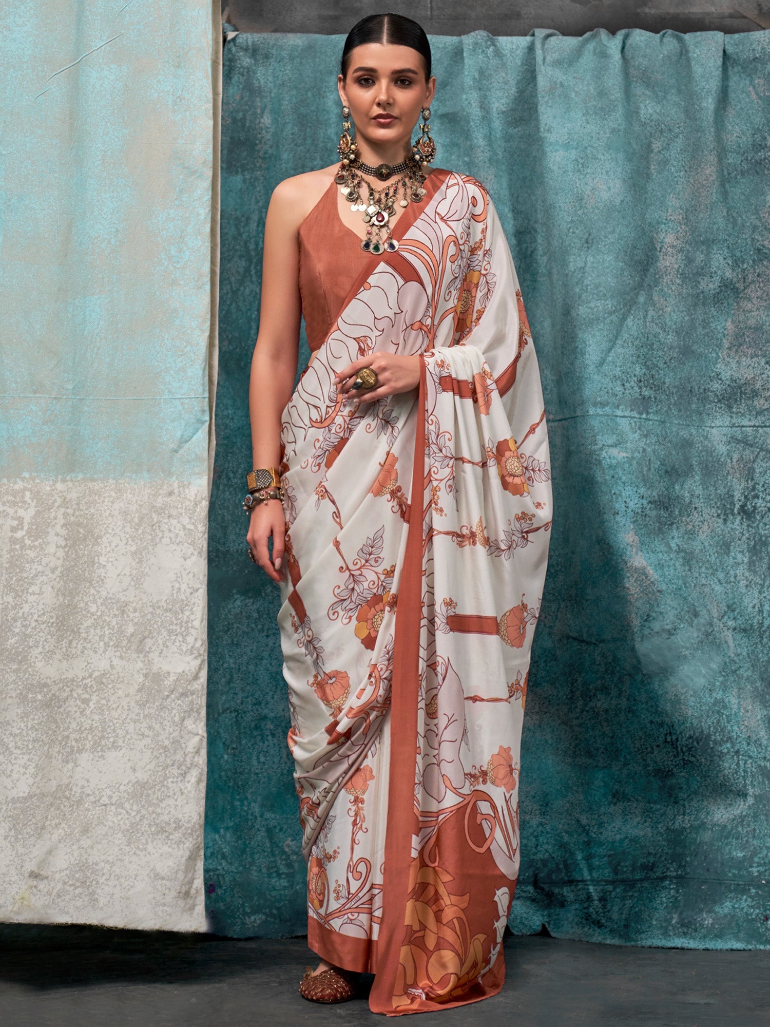 NOZ2TOZ Women's Crepe Off White Printed Designer Saree With Blouse Piece - Distacart