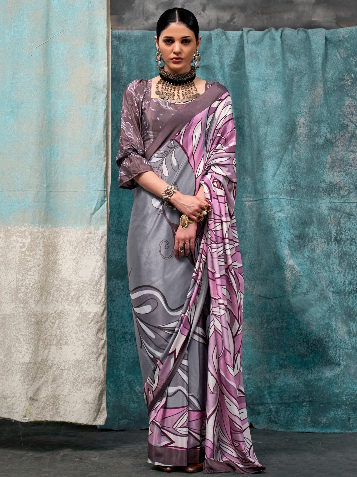 NOZ2TOZ Women's Crepe Grey Printed Designer Saree With Blouse Piece - Distacart