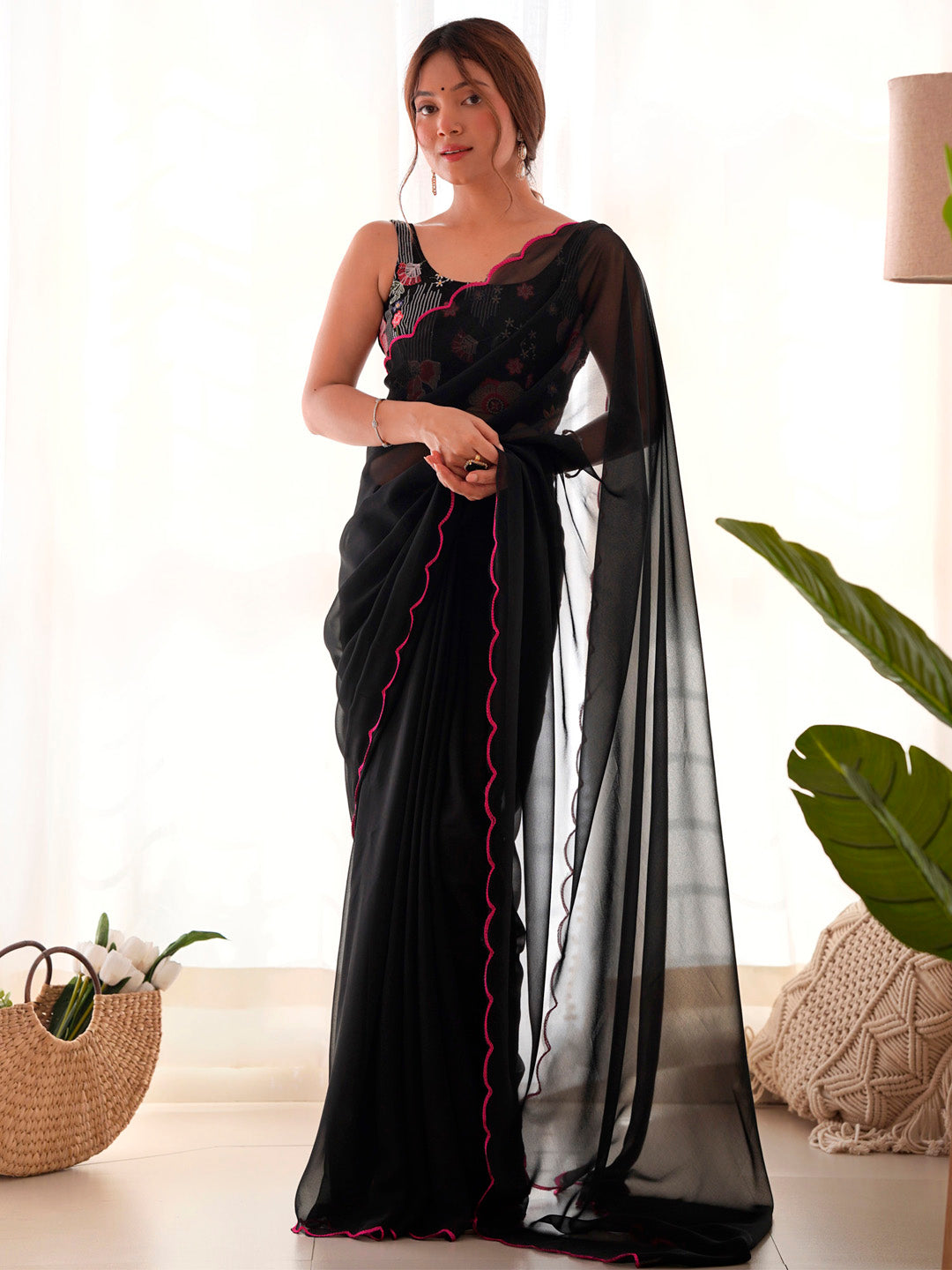 NOZ2TOZ Women's Georgette Black Embellished Designer Saree With Blouse Piece - Distacart