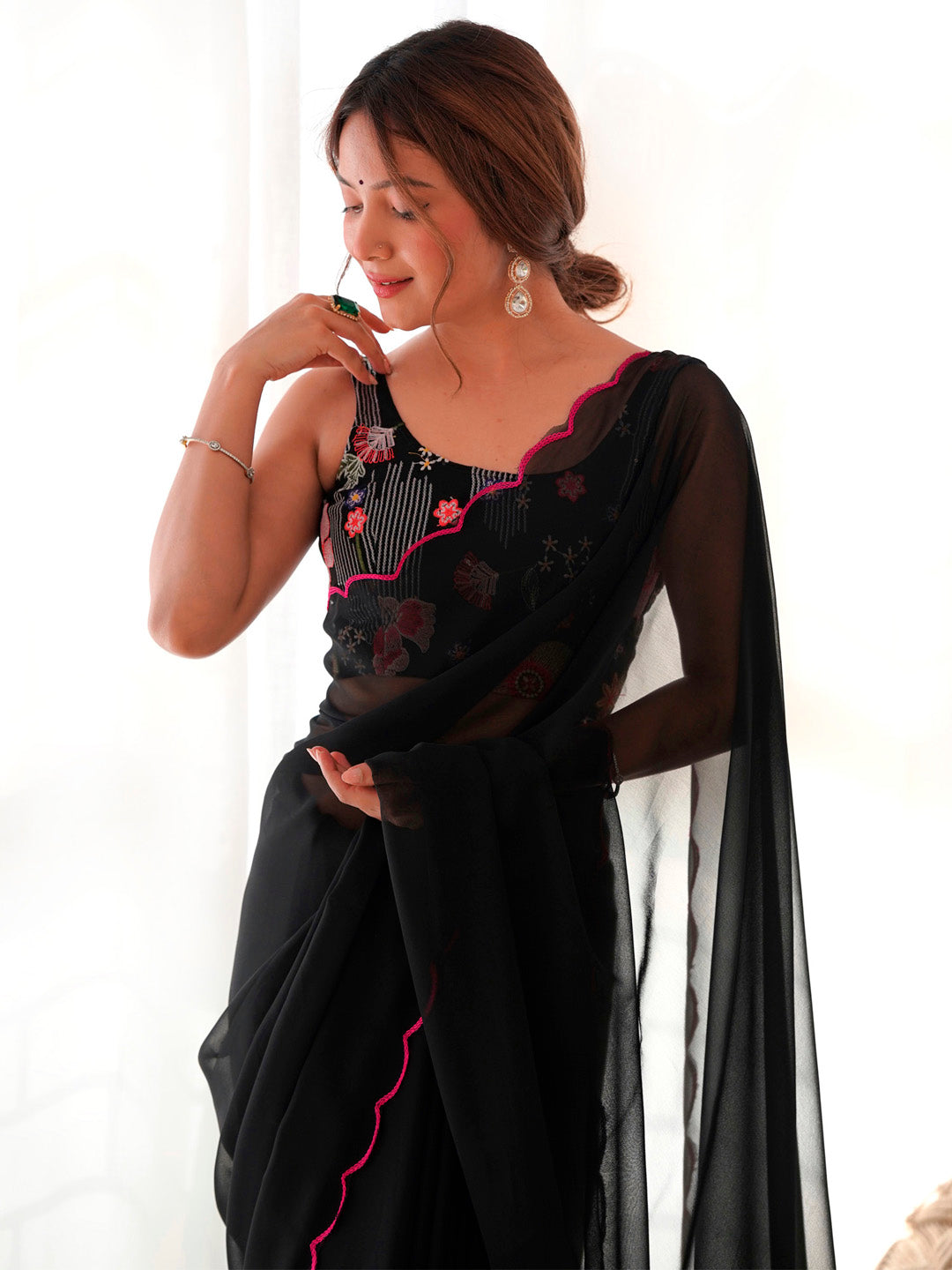 NOZ2TOZ Women's Georgette Black Embellished Designer Saree With Blouse Piece - Distacart