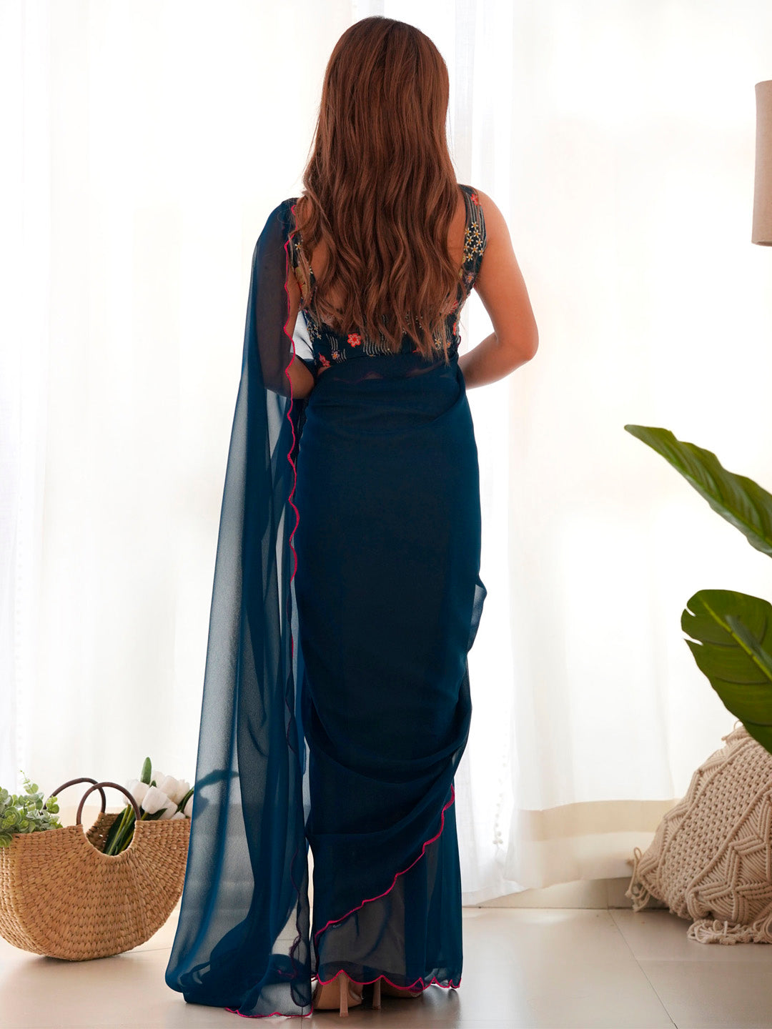 NOZ2TOZ Women's Georgette Teal blue Embellished Designer Saree With Blouse Piece - Distacart