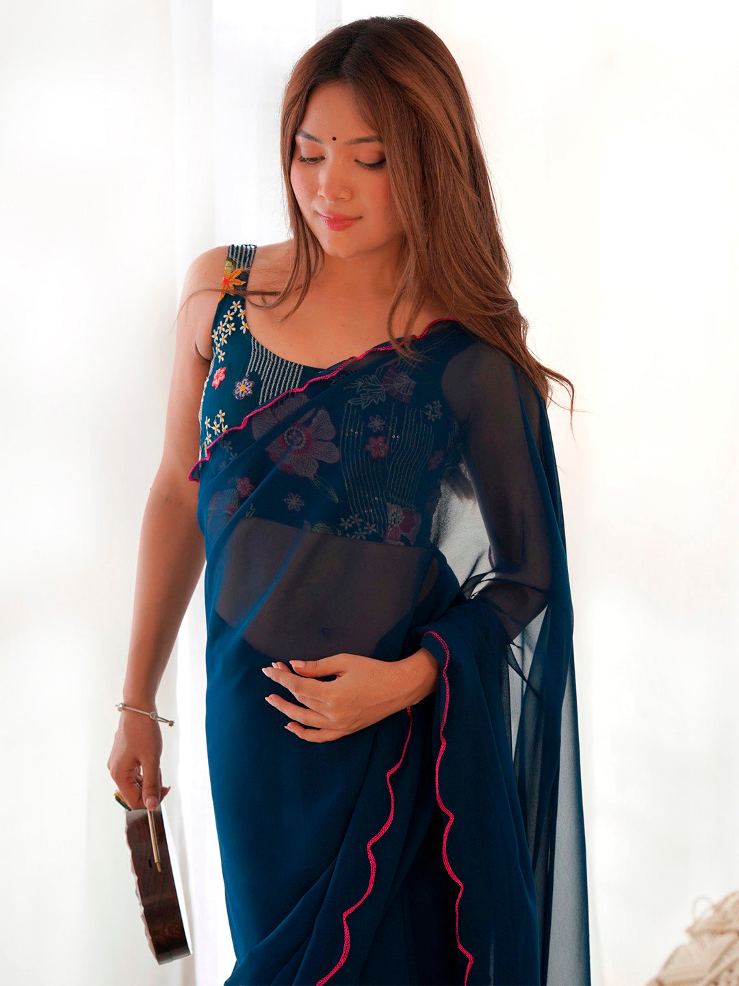 NOZ2TOZ Women's Georgette Teal blue Embellished Designer Saree With Blouse Piece - Distacart