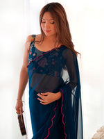 Thumbnail for NOZ2TOZ Women's Georgette Teal blue Embellished Designer Saree With Blouse Piece - Distacart