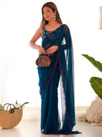 Thumbnail for NOZ2TOZ Women's Georgette Teal blue Embellished Designer Saree With Blouse Piece - Distacart