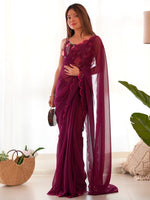 Thumbnail for NOZ2TOZ Women's Georgette Magenta Embellished Designer Saree With Blouse Piece - Distacart