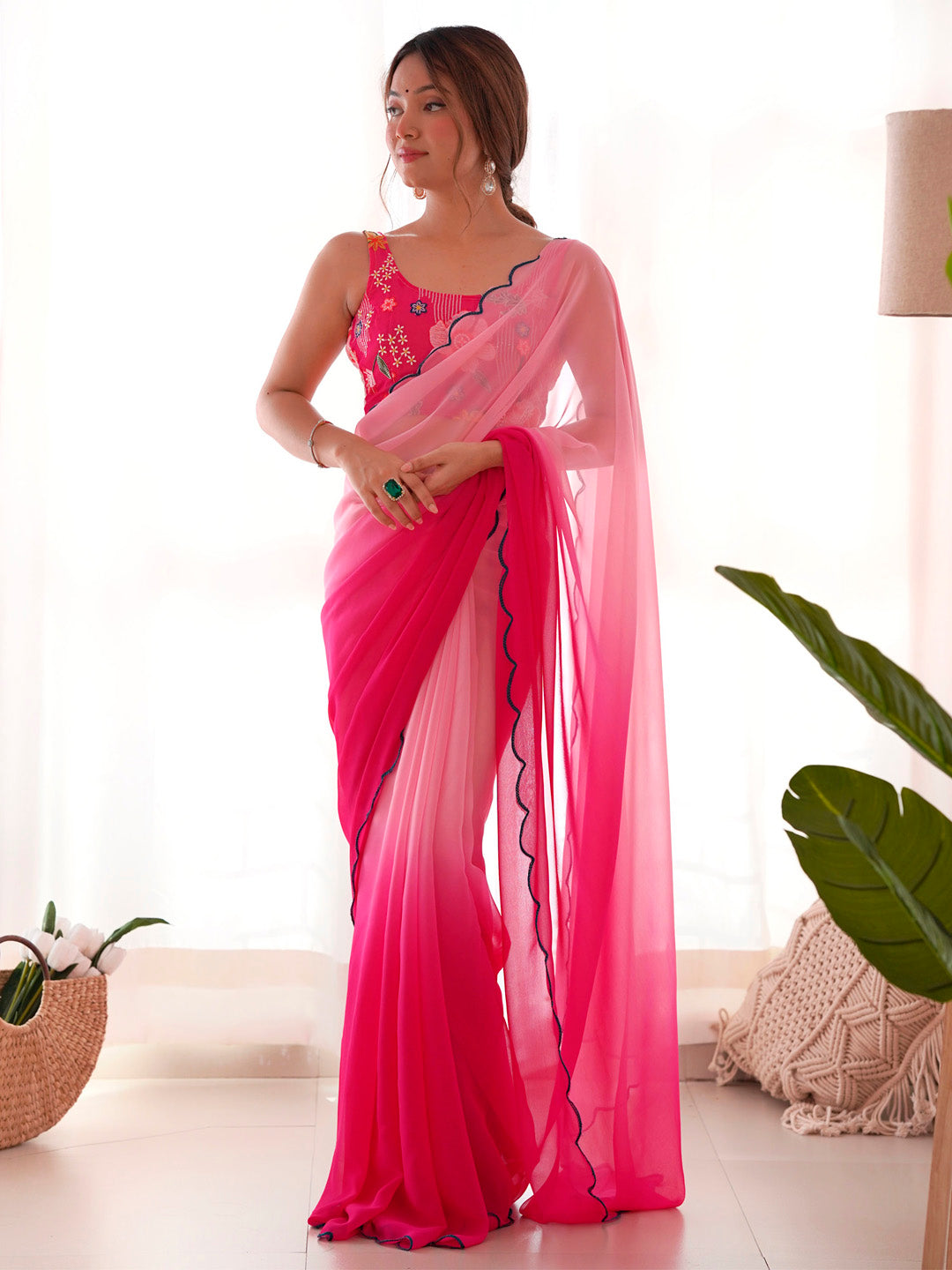 NOZ2TOZ Women's Georgette Pink Embellished Designer Saree With Blouse Piece - Distacart